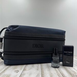 Dior Sauvage Men's Elegant Black and Navy Toiletry Bag / Eau De Perfume
